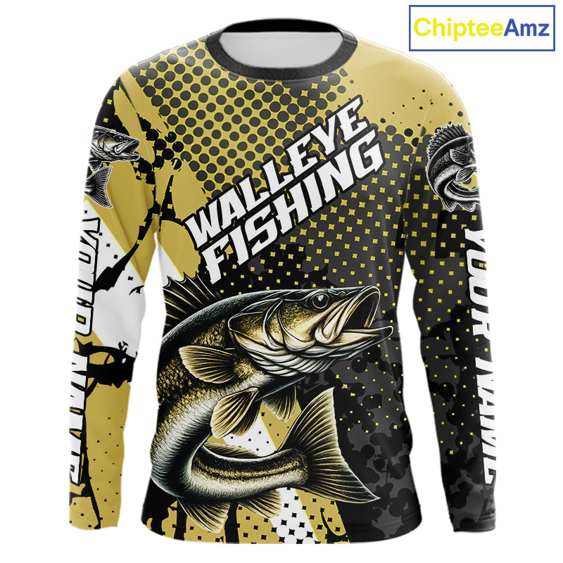 Personalized Walleye Fishing Shirts Long Sleeve, Yellow Camo Walleye Fishing Shirts NHT483