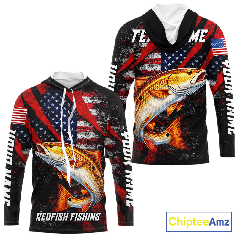 Patriotic Redfish Fishing Jersey, Fishing Shirts Hooded Long Sleeve Custom Name For Men NHT485