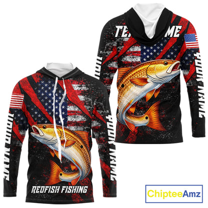 Patriotic Redfish Fishing Jersey, Fishing Shirts Hooded Long Sleeve Custom Name For Men NHT485