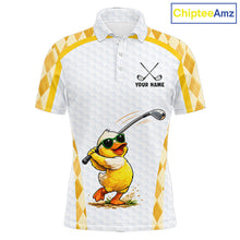 Load image into Gallery viewer, Custom Yellow &amp; White Funny Duck Golf Shirt For Mens, Golf Jersey Argyle Pattern For Mens NHT559