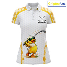 Load image into Gallery viewer, Custom Yellow &amp; White Funny Duck Golf Shirt For Womens, Golf Jersey Argyle Pattern For Womens NHT559