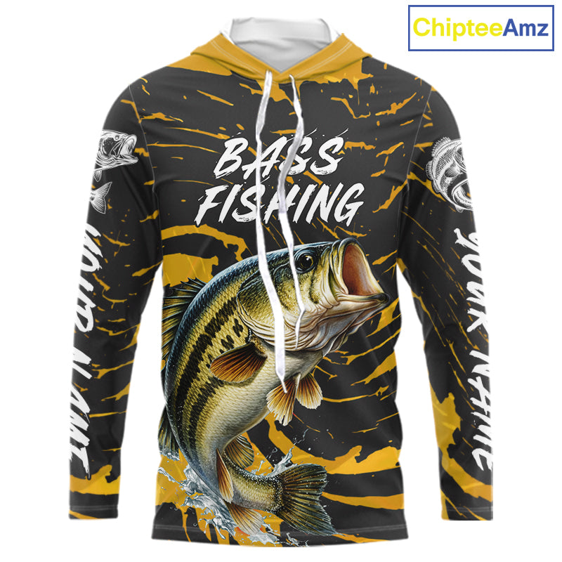 Custom Largemouth Bass Fishing Shirts Long Sleeve Hooded – Performance Tournament Jersey For Men| Yellow NHT770