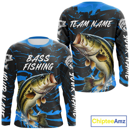 Custom Largemouth Bass Fishing Shirts Long Sleeve – Performance Tournament Jersey For Men| Blue NHT771