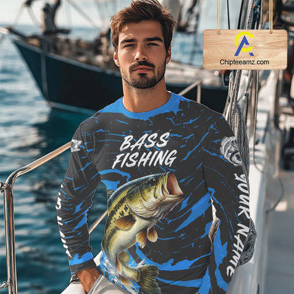 Custom Largemouth Bass Fishing Shirts Long Sleeve – Performance Tournament Jersey For Men| Blue NHT771