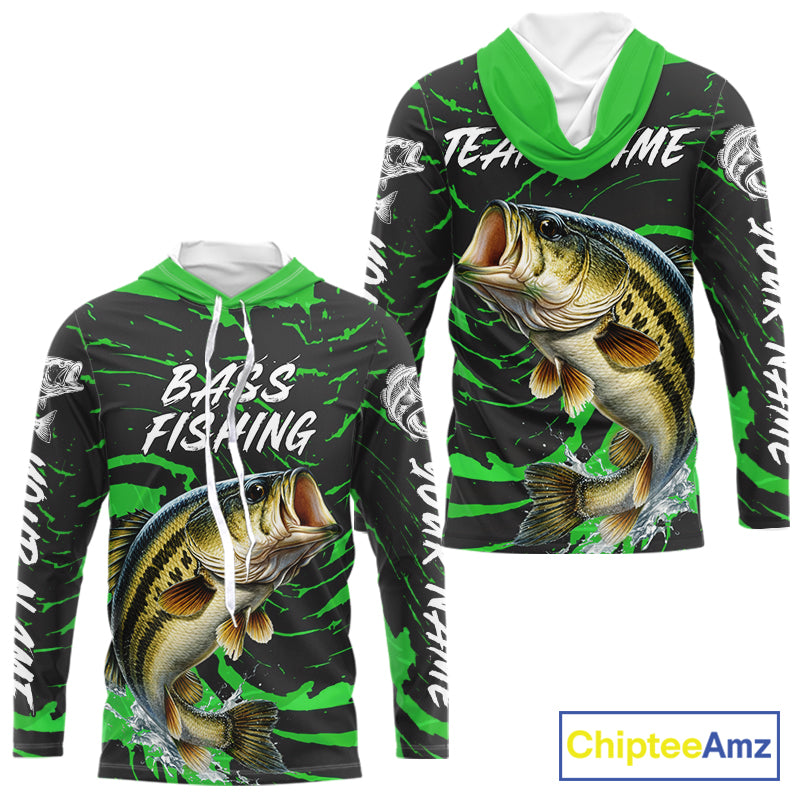Custom Largemouth Bass Fishing Shirts Long Sleeve Hooded – Performance Tournament Jersey For Men| Green NHT772