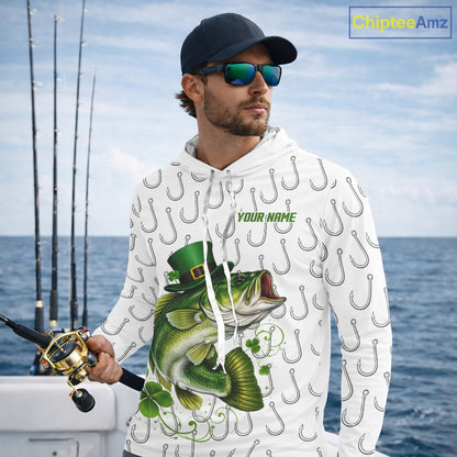 Custom St Patrick's Day Bass Fishing Long Sleeve Hooded Shirt For Men, Fishing Shirts NHT423