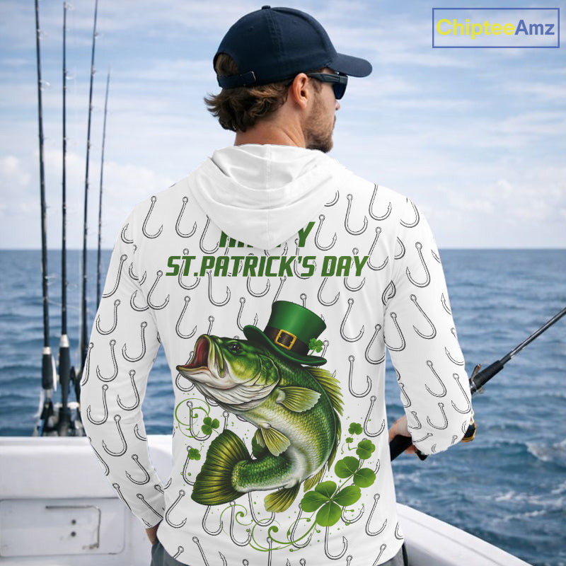 Custom St Patrick's Day Bass Fishing Long Sleeve Hooded Shirt For Men, Fishing Shirts NHT423