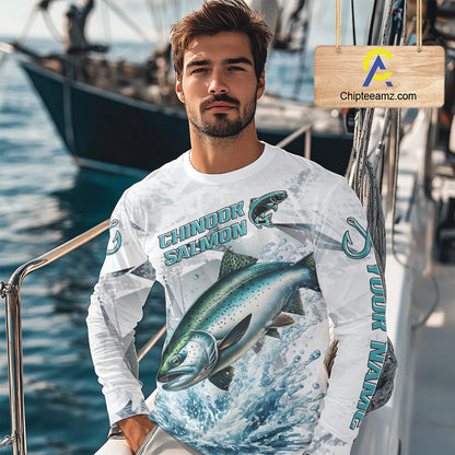 Personalized Chinook Salmon Fishing Jerseys, Salmon Long Sleeve Fishing Shirts For Men NHT571