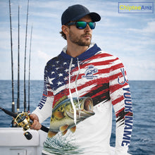 Load image into Gallery viewer, Personalized Patriotic Bass Fishing Shirts Long Sleeve Hooded, American Flag Fishing Jerseys For Men NHT773