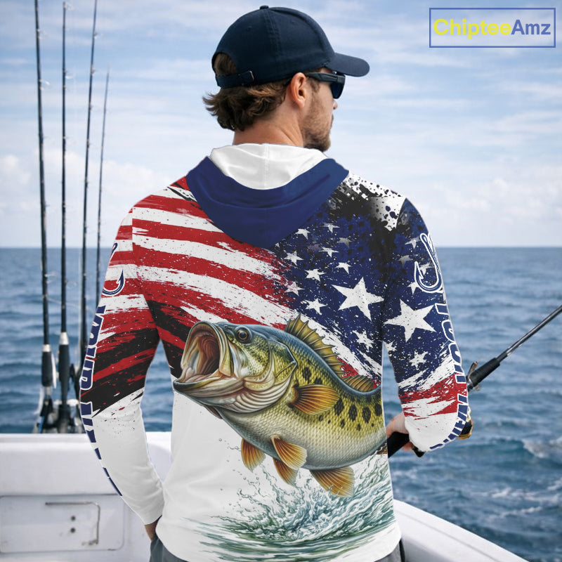 Personalized Patriotic Bass Fishing Shirts Long Sleeve Hooded, American Flag Fishing Jerseys For Men NHT773