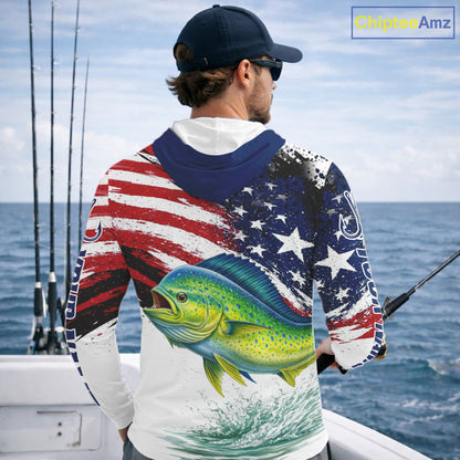 Personalized Patriotic Mahi Mahi( Dorado) Fishing Shirts Long Sleeve Hooded, American Flag Fishing Jerseys For Men NHT775