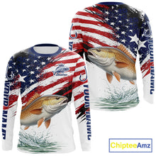 Load image into Gallery viewer, Personalized Patriotic Redfish Fishing Shirts Long Sleeve, American Flag Fishing Jerseys For Men NHT776