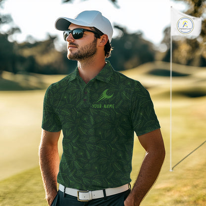 Custom team name golf polo shirt with green leaf pattern, short sleeve NHT938