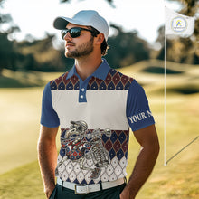 Load image into Gallery viewer, Custom Blue Red Argyle Mens Golf Polo Shirt Skull Flamingo Design, Personalized Team Name Shirt NHT794