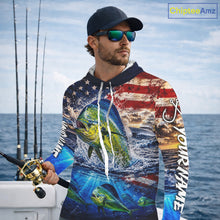 Load image into Gallery viewer, Personalized Dolphin Fish Patriotics Jersey Mahi Mahi Long Sleeve Hooded Fishing Shirt Apparel 