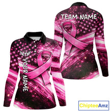 Load image into Gallery viewer, Personalized Breast Cancer Awareness Polo Shirt American Flag Pink Ribbon – Golf Gift For Women NHT799