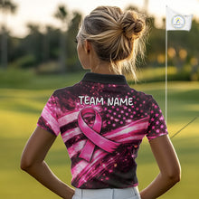 Load image into Gallery viewer, Personalized Breast Cancer Awareness Polo Shirt American Flag Pink Ribbon – Golf Gift For Women NHT799