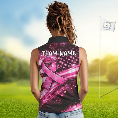 Personalized Breast Cancer Awareness Sleeveless Women Polo Shirt American Flag Pink Ribbon – Golf Gift For Women NHT799