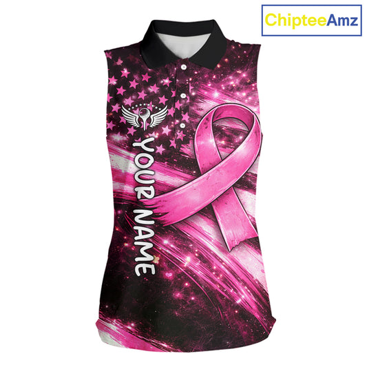 Personalized Breast Cancer Awareness Sleeveless Women Polo Shirt American Flag Pink Ribbon – Golf Gift For Women NHT799