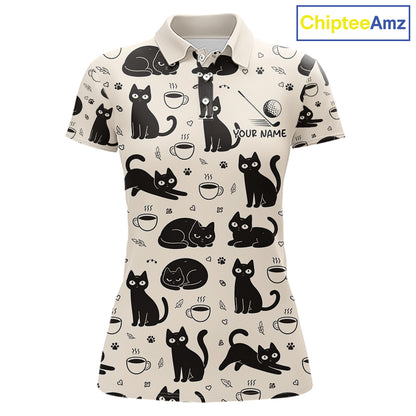 Personalized Black Cat Lover Golf Polo Shirt – Custom Name Cute Cat Pattern Shirt For Women NHT801