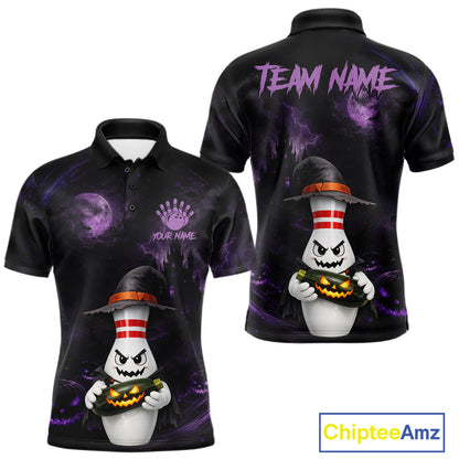 Black short-sleeve polo shirt shown from front and back with a Halloween-themed ghost graphic, purple cosmic background, and customizable text placeholders. A ChipteeAmz logo appears in the bottom right corner.