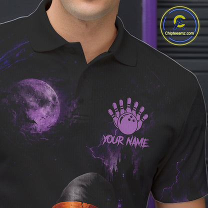 A close-up of a person wearing a black short-sleeve polo shirt with a purple graphic print featuring a large moon, lightning, and a bowling hand with the text 'YOUR NAME'. A circular 'Chipteeamz