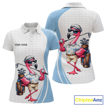 Blue Funny Flamingo Polo Shirt For Womens, Golf Polo Shirts Custom Name, Flamingo Golf Shirts NHT594