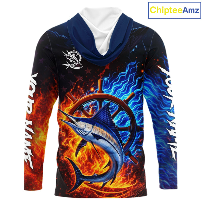 Marlin Fishing Shirt Long Sleeve Blue Fire Flame Smoke Personalized Name, Best Fishing Gift NHT427