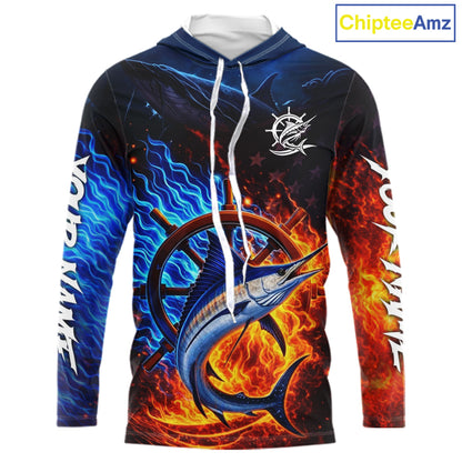 Marlin Fishing Shirt Long Sleeve Blue Fire Flame Smoke Personalized Name, Best Fishing Gift NHT427