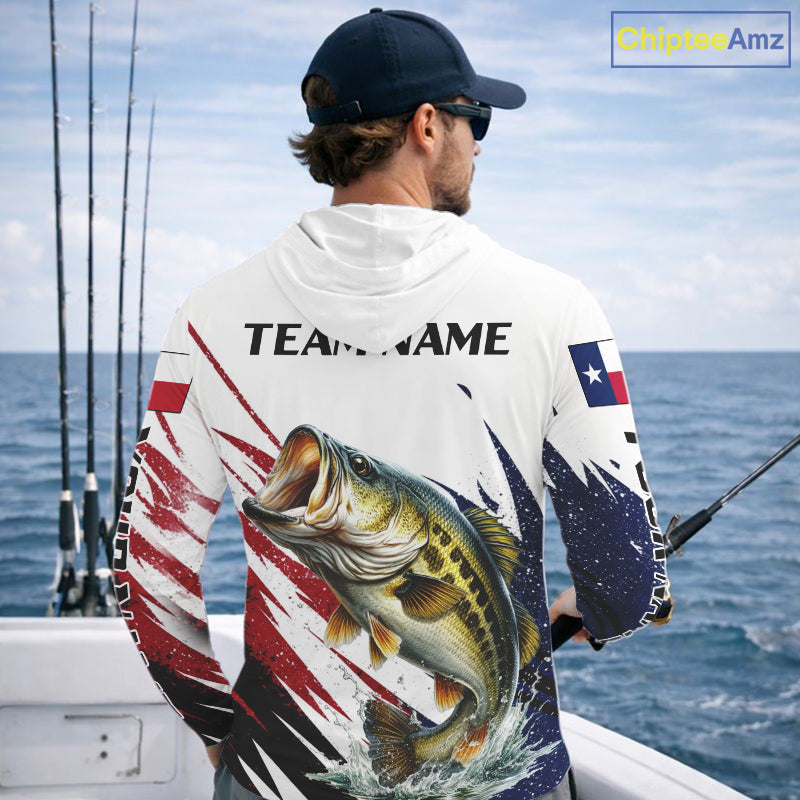Custom Texas Flag Bass Fishing Shirts, Texas Bass Hooded Fishing Shirts Long Sleeve For Team NHT602