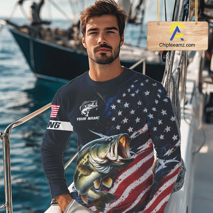 Bass Fishing Shirts Long Sleeve American USA Flag Camo Custom Name, Fishing Jersey For Men NHT959