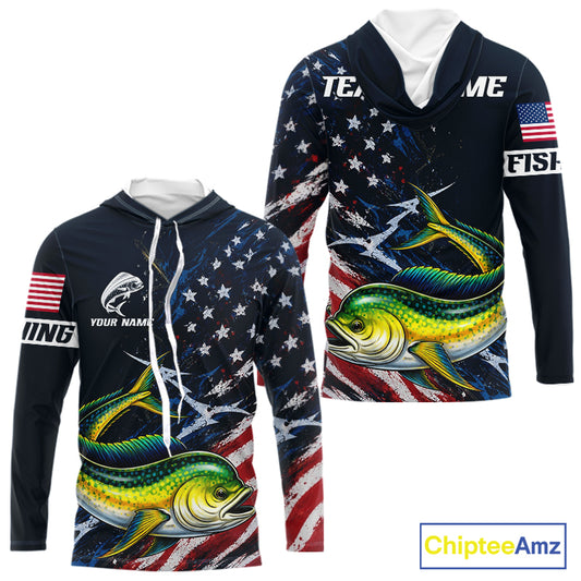 Mahi Mahi Fishing Shirt Long Sleeve Hooded USA Flag Custom Name Jersey