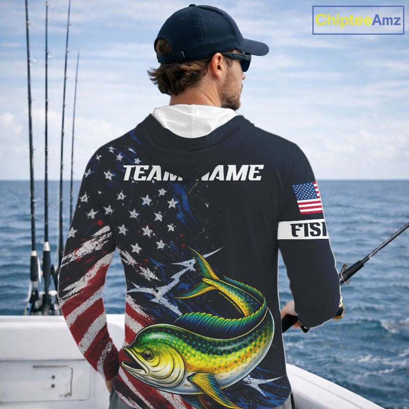 Mahi Mahi Fishing Shirts Long Sleeve Hooded American USA Flag Camo Custom Name, Fishing Jersey For Men NHT960