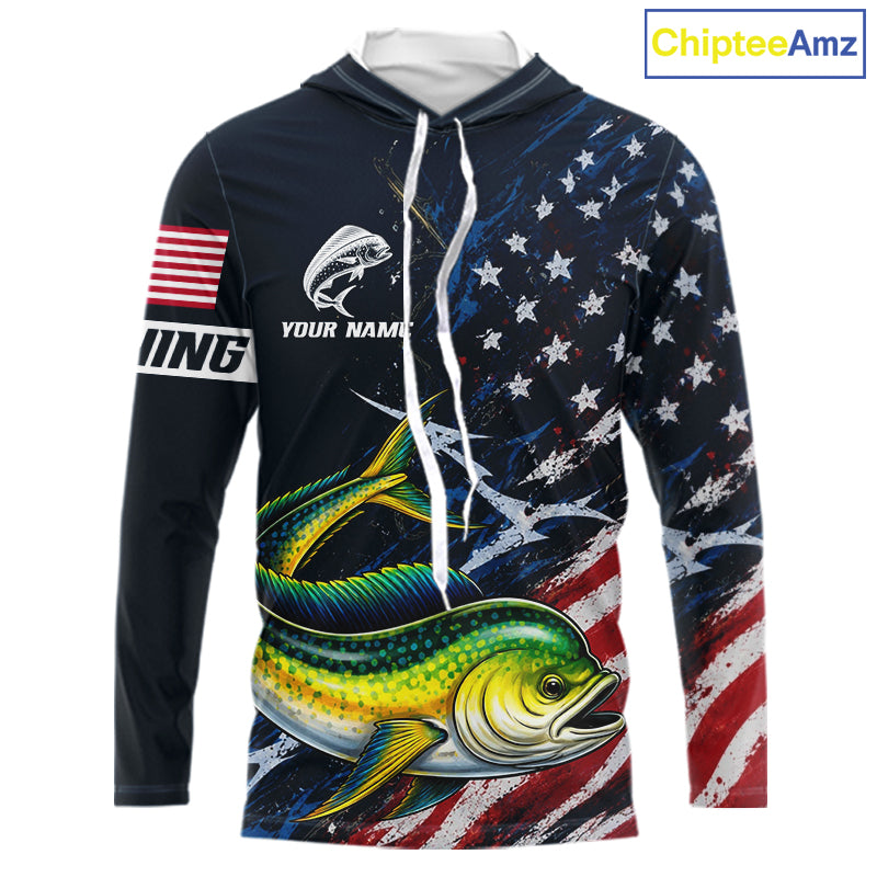 Mahi Mahi Fishing Shirt Long Sleeve Hooded USA Flag Custom Name Jersey