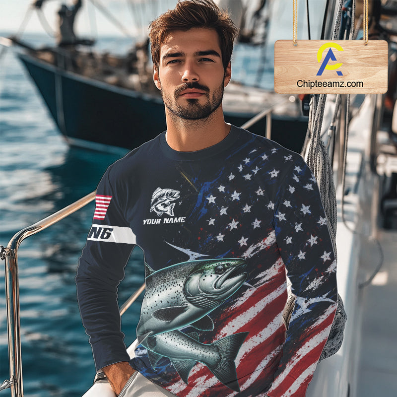 Chinook Salmon Fishing Shirts Long Sleeve American USA Flag Camo, Fishing Jersey For Men NHT961