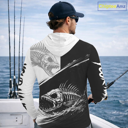 Personalized Fish Skeleton Hooded Fishing Shirts Jerseys, Fish Reaper Skull Fishing Shirts For Men NHT824