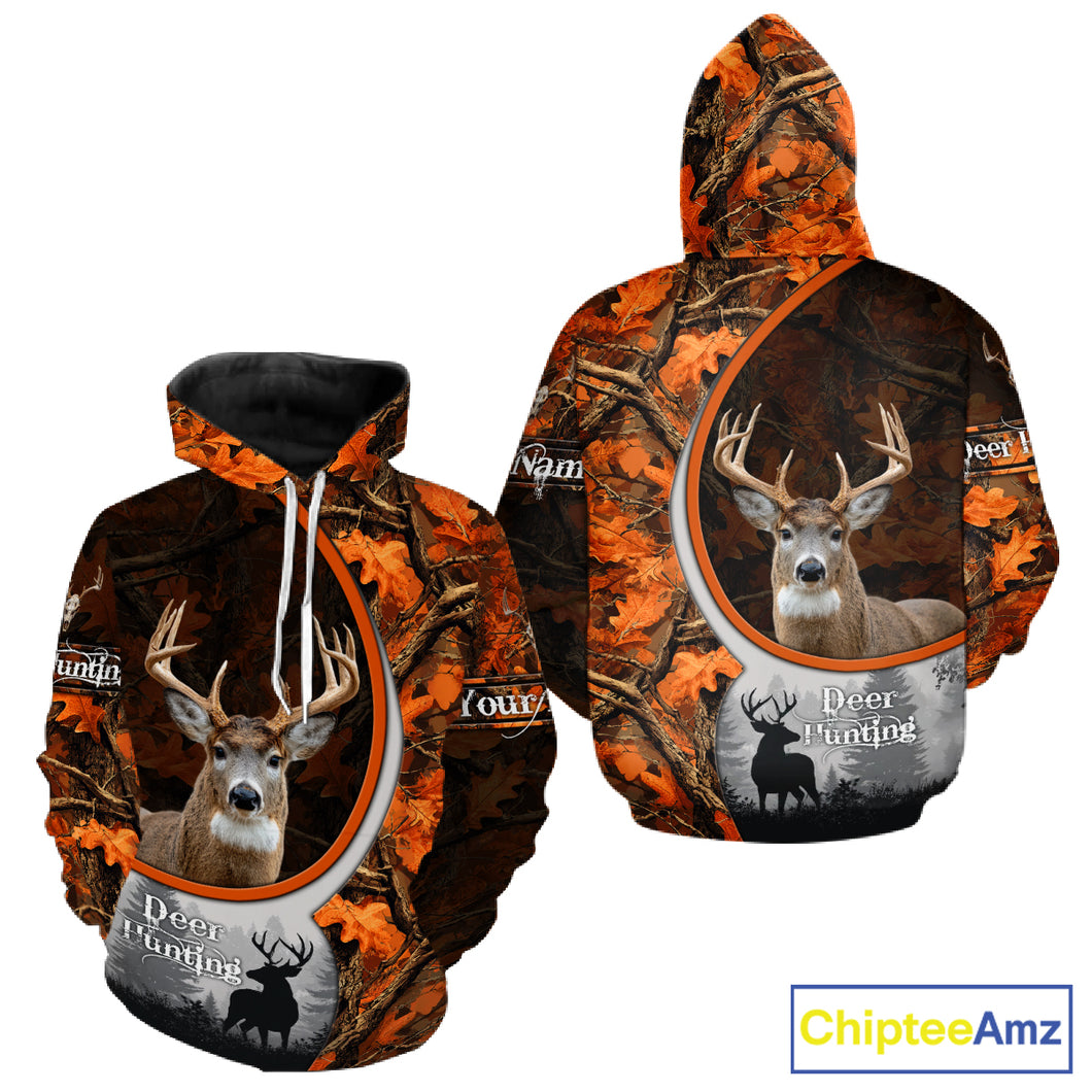 Personalized Deer Hunting 3D All Over Printed Hoodie Orange Autumn Leaves Camo, Hunting Gift NHT322