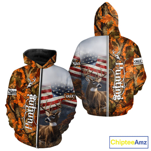 Custom Camouflage Deer Hunting With US Flag For Men, Hoodie Hunting Shirt NHT323
