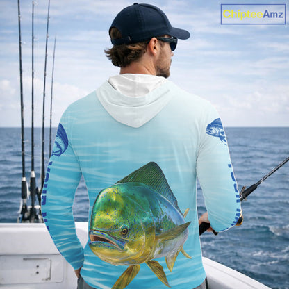 Hooded  Mahi Mahi Ocean Blue Performance Fishing Shirt, Mahi Mahi Tournament Fishing Shirts NHT615