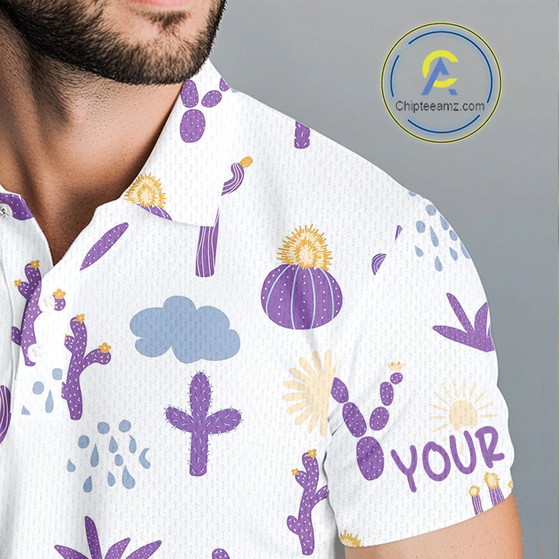 White shirt with purple cactus pattern worn by a person