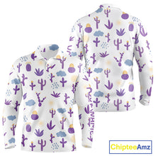 Load image into Gallery viewer, White long-sleeve shirt with purple cactus pattern on a white background