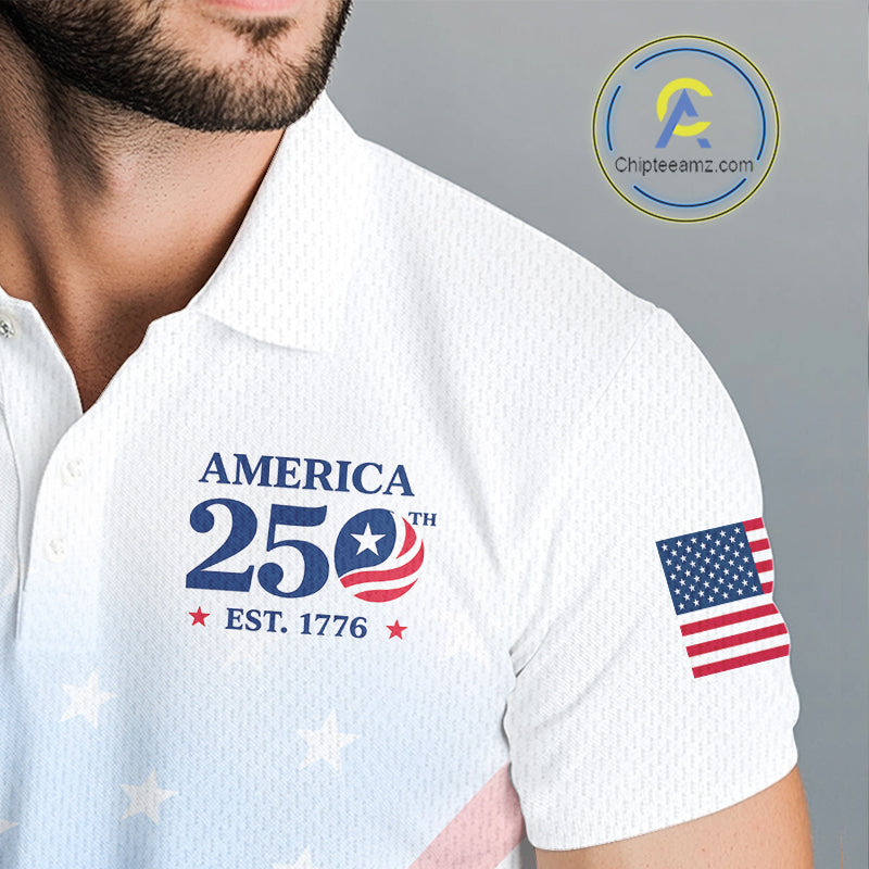 White polo shirt with 'America 250th' design and American flag on sleeve, brand logo in corner.