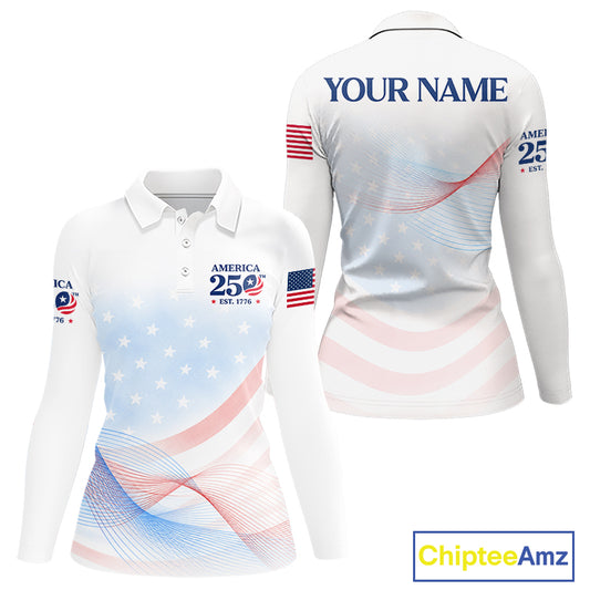 Personalized America 250 Years Shirt Custom Name Patriotic USA Stars Women's Polo Golf Shirt