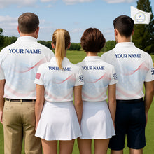 Load image into Gallery viewer, Four people in matching golf outfits on a golf course with a flag in the background.