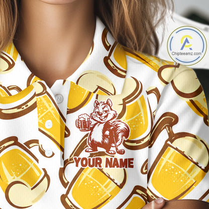 Custom Funny Squirrel Women's Golf Polo Shirts - Personalized Beer Lover Performance Jersey