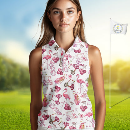 Funny Golf Polo Shirt For Womens Cherry Flamingo Sleeveless Womens Golf Cart Pattern Summer Sport Top NHT841