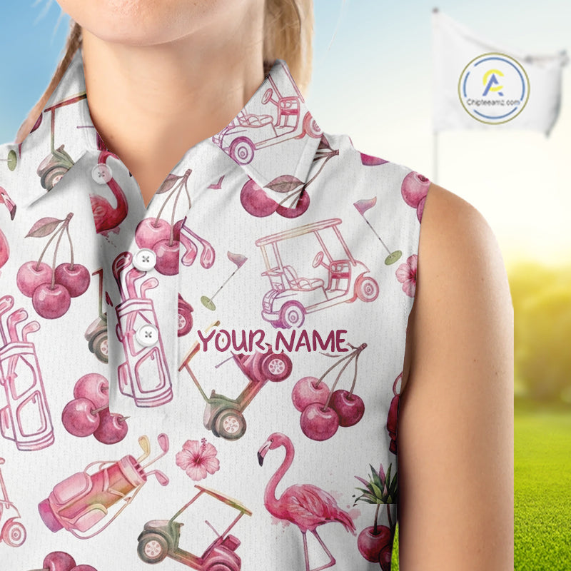 Funny Golf Polo Shirt For Womens Cherry Flamingo Sleeveless Womens Golf Cart Pattern Summer Sport Top NHT841