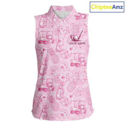Funny Sleeveless Womens Golf Polo Shirt Pineapple Floral Golf Cart Pattern All Over Print Tropical Performance Top NHT842