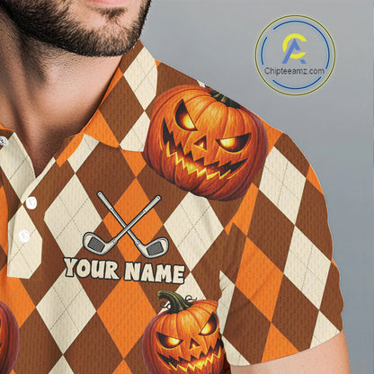 A close-up of a man wearing a short-sleeve button-up shirt with a brown and cream harlequin pattern, featuring jack-o'-lantern pumpkins and crossed golf clubs, with the text 'YOUR NAME' on the front. A circular 'Chipteeamz.