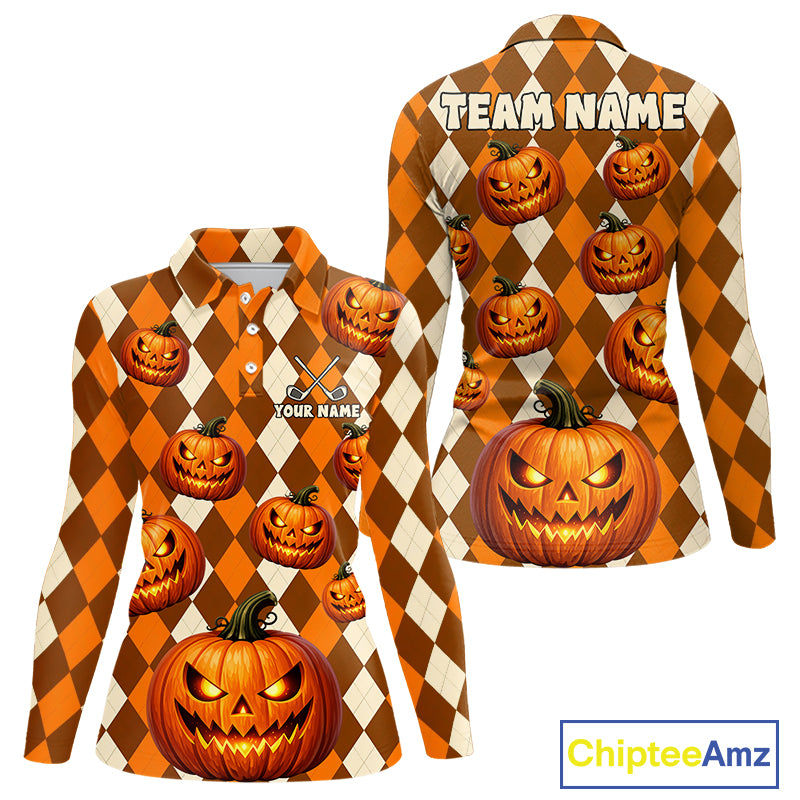 Front and back views of a long-sleeve collared shirt with an all-over Halloween print featuring orange and brown diamond check pattern, jack-o'-lantern pumpkins, and customizable text areas reading TEAM NAME and YOUR NAME. A ChipteeAmz logo appears in the bottom right corner.